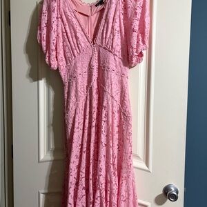 Boston Proper Pink Lace Dress with Puff Sleeves